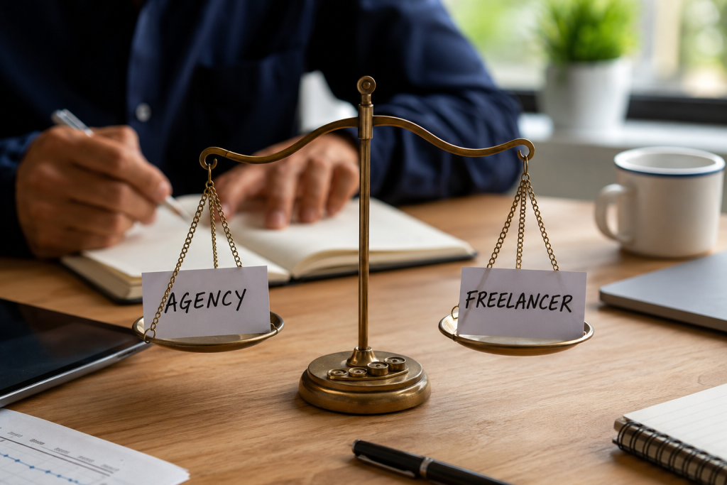 weighing scales showing agency and freelancer on the scales. which is best for a backlink agency website